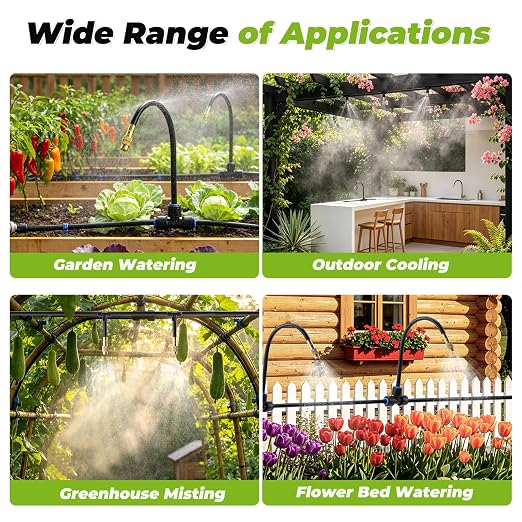 200FT 1/4" Drip Irrigation System Kit with 32pcs 360° Adjustable Copper Nozzles, Quick-Connect Watering & Misting System for Garden, Greenhouse, Lawn, Raised Beds, Potted Plants & Yard