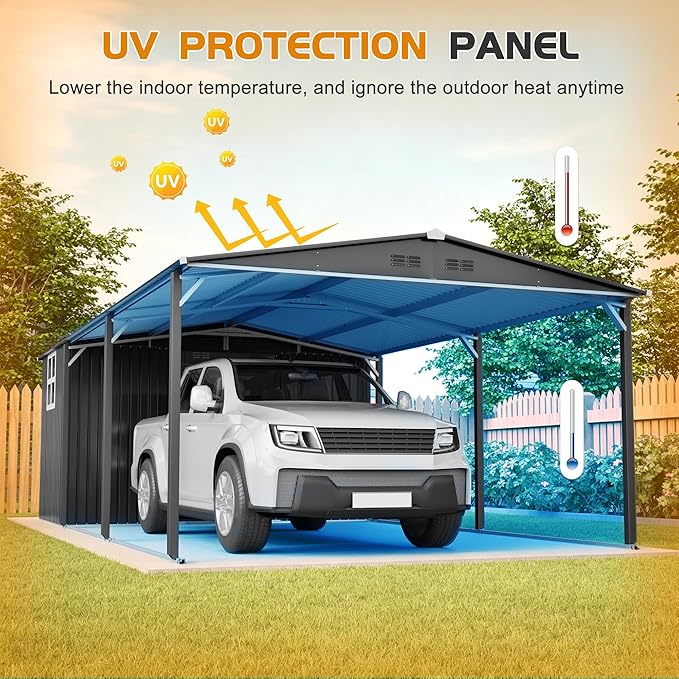 KEIKI 12x23 FT Heavy Duty Metal Carport with Storage Shed, Steel Garage Shelter with Sliding Door, Waterproof Sloped Roof, UV Protection Panels, Outdoor Car Canopy for Car, Boat, Tractor