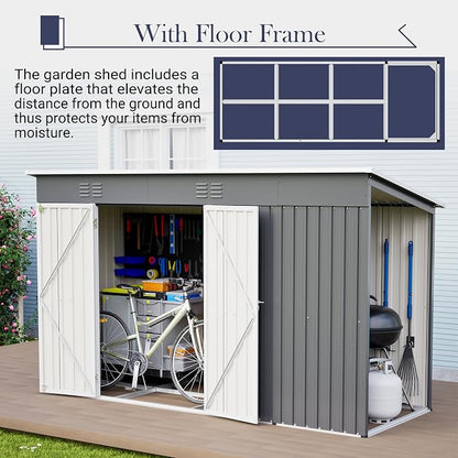 YOPTO 10x4 FT Outdoor Storage Shed, Metal Sheds with Floor Base & Open Firewood Storage,Steel Garden Shed with Lockable Doors,Sloped Roof,Windows, 2 in 1 Large Tool Shed for Patio, Backyard, Lawn.Gray