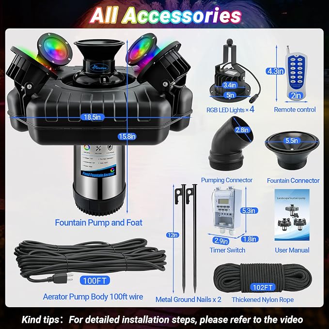 Pond Fountain Aerator with Lights, Large Fountain for Pond Lake Fish Farm | 750W 15000GPH 1HP 110V Fountain, Dynamic 4 RGB Lights, 10 Light Modes, Fully Automatic Stainless Steel Fountain, 100Ft Cord