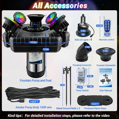 Pond Fountain Aerator with Lights, Large Fountain for Pond Lake Fish Farm | 750W 15000GPH 1HP 110V Fountain, Dynamic 4 RGB Lights, 10 Light Modes, Fully Automatic Stainless Steel Fountain, 100Ft Cord