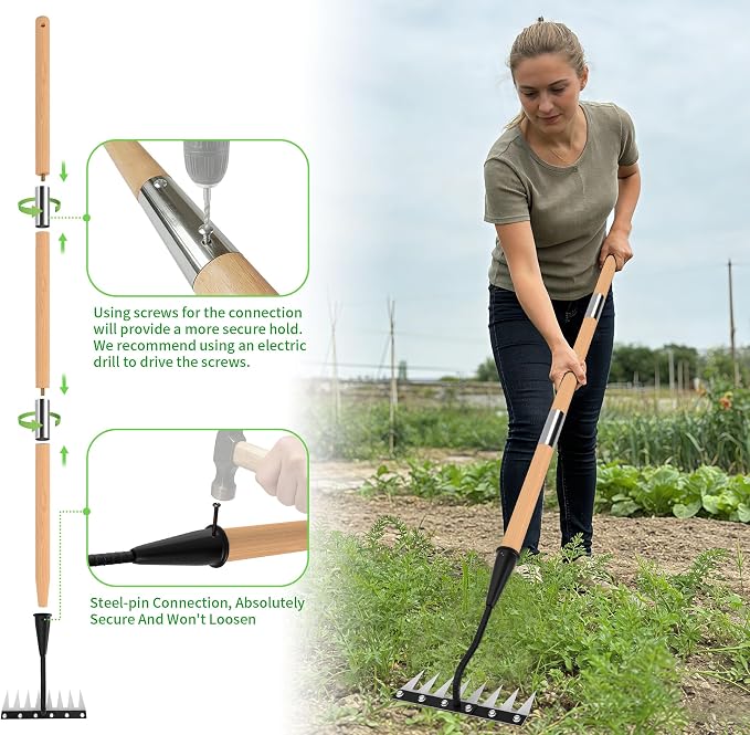 Iron Weeding Rake with Wooden Long Handle 2.0, 8 Teeth Weed Puller Tool Heavy Duty, Manual Gardenia Weed Rake Tool for Yard, Lawn and Garden, 56Inch