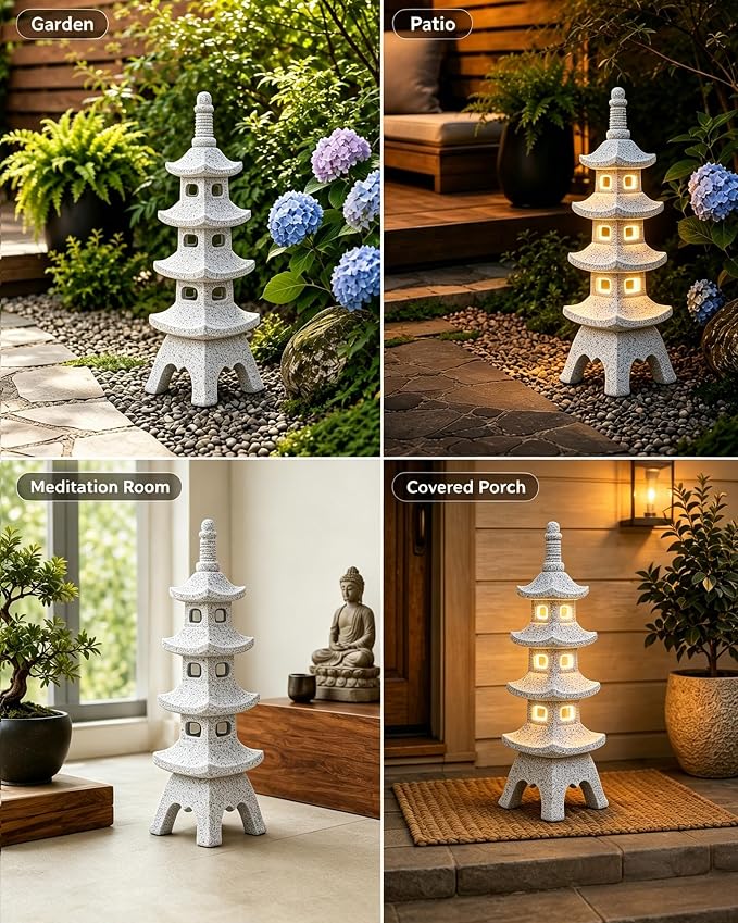 Nacome Solar Pagoda Garden Statues: 15.7 inches Multi-Layer Outdoor Weatherproof Resin Zen Decor for Landscape Balcony Patio Porch Yard Ornament(Gray)