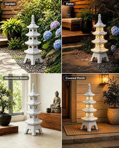 Nacome Solar Pagoda Garden Statues: 15.7 inches Multi-Layer Outdoor Weatherproof Resin Zen Decor for Landscape Balcony Patio Porch Yard Ornament(Gray)