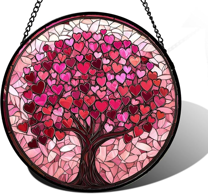 Stained Glass Window Hanging, Birthday Gifts for Women Mom Grandma Nana Wife Couple, Pink Love Tree Suncatcher for Doors Window Home Sun Catchers Gifts Decor 11.8 in