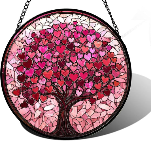 Stained Glass Window Hanging, Birthday Gifts for Women Mom Grandma Nana Wife Couple, Pink Love Tree Suncatcher for Doors Window Home Sun Catchers Gifts Decor 9.8 in