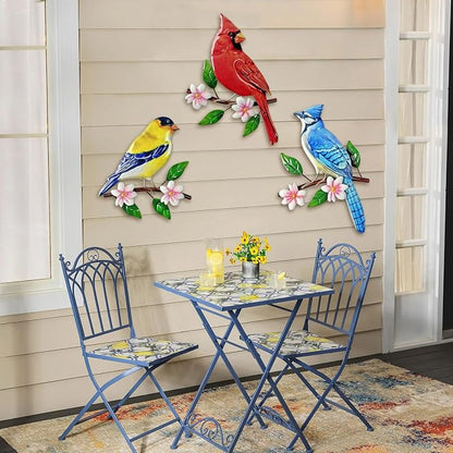 Limygus 3 Piece Metal Birds on Branch Wall Art, Floral Indoor Outdoor Hanging Decor for Garden Fence Courtyard