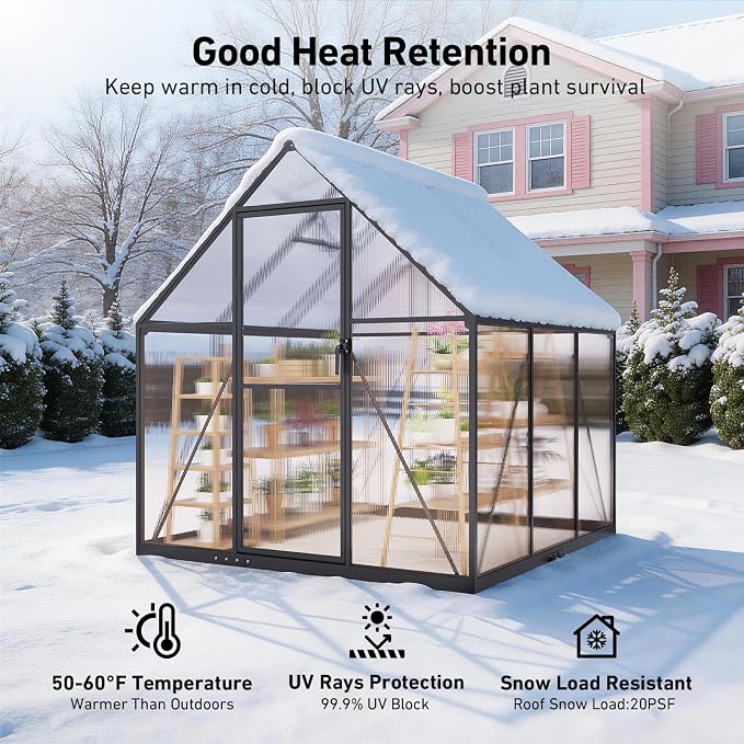 6x6FT Walk-in Greenhouse with Hygrometer, Polycarbonate Greenhouse, Greenhouse Kit with Vented Roof Window, Windproof Aluminum Frame with Quick-Installation Structure, Suitable for Gardening