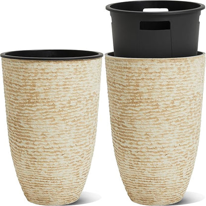Worth Garden 21" H Beige Tall Planters set of 2 with Inside Pots - 14'' Dia Plastic Large Round Plant Tree Pots with Drain Hole - Decorative Imitation Stone Finish for Indoor Outdoor Front Porch Patio