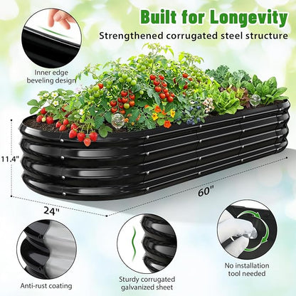 Oval Raised Garden Bed, 5 x 2 x 1FT, Galvanized Steel Planter Box with Wave-Shaped Metal Panels Painted for Outdoor Flower,Tree,Herb & Vegetable Garden (Black, 60X24X12 inches)
