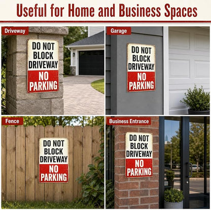 Do Not Block Driveway Tin Sign, 12 x 8 Inch No Parking Aluminum Metal Wall Decor, Vintage Notice Sign for Garage, Gate, Fence, Carport