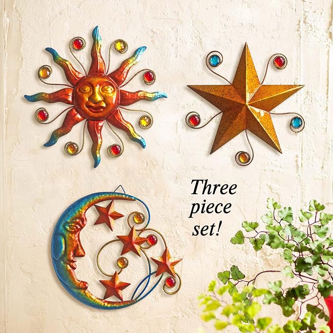 Limygus Set of 3 Celestial Sun Moon Star Metal Silhouette Wall Art, Waterproof Hanging Decor for Home Bedroom Bathroom Office