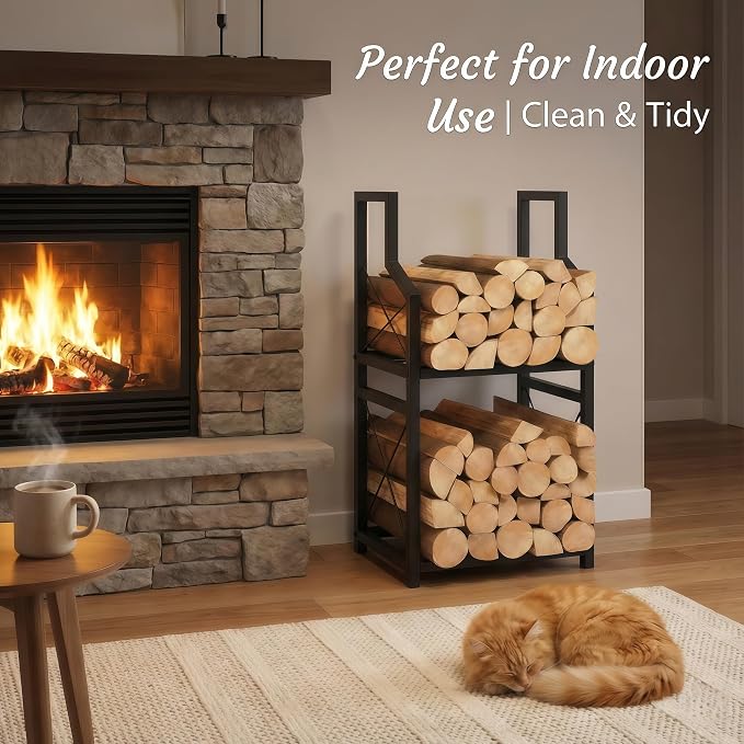 Firewood Rack Indoor Outdoor - 31.5" Vertical Log Holder with Kindling Storage, Heavy Duty 2-Tier Steel Wood Stacker Stand with X-Guardrails for Fireplace, Patio, Porch, Black
