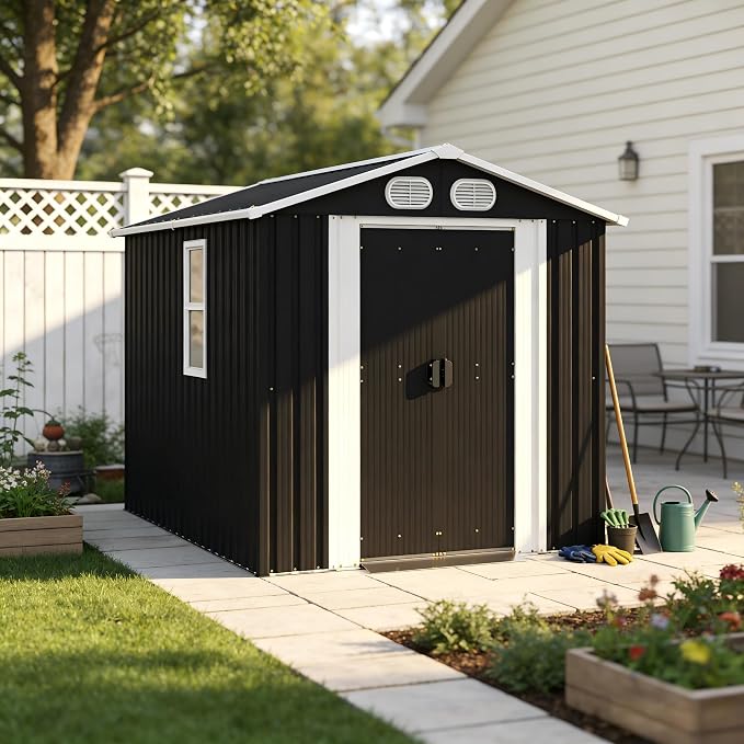 PVWIIK 8x6 ft Metal Outdoor Storage Shed with Windows & Air Vents, Lockable Waterproof All-Weather Utility Shed for Garden Tools & Trash Bins, Dark Gray