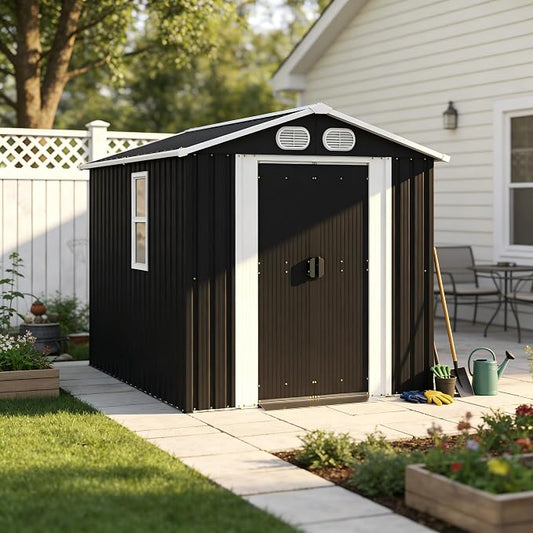 PVWIIK 8x6 ft Metal Outdoor Storage Shed with Windows & Air Vents, Lockable Waterproof All-Weather Utility Shed for Garden Tools & Trash Bins, Dark Gray