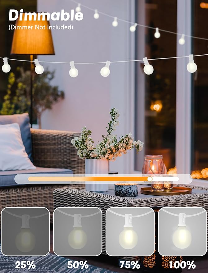 SUNSGNE 25Ft G40 LED Outdoor White String Lights with 27 White Frosted Shatterproof Globe Bulbs (2 Spare), Outdoor Hanging Lights for Room Café Bistro Pergola Tents, White Wire