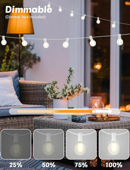 SUNSGNE 25Ft G40 LED Outdoor White String Lights with 27 White Frosted Shatterproof Globe Bulbs (2 Spare), Outdoor Hanging Lights for Room Café Bistro Pergola Tents, White Wire