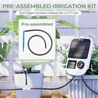 HIRALIY Solar Drip Irrigation System with Timer, Automatic Plant Watering Kit with USB Backup, 12 Drip Emitter Stakes, 40FT Tubing, Water Shortage Alarm for Potted Plants, Patio & Indoor Use
