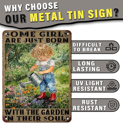 PEACHGARDEN Garden Vintage Tin Sign Little Girl Gardening Some Girls are Just Born with The Garden in Their SoulsMetal Tin Sign Retro Plaque Kitchen Poster Man cave 12x16inch