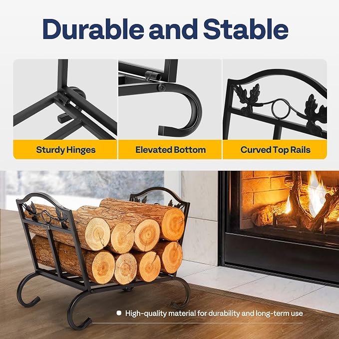 VIVOHOME 21.5 Inches Folding Firewood Storage Log Rack with Decorative Leaf Pattern and Detachable Arched Feet Wrought Iron Wood Holder Stacker Black