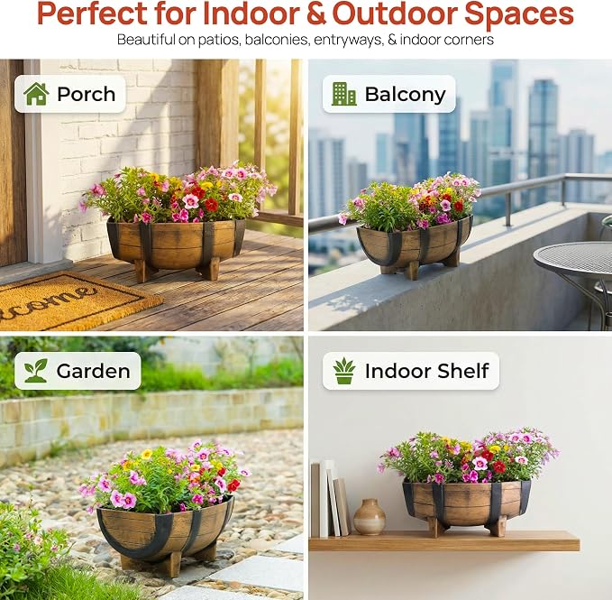 Gardenised 2-Piece Rectangular Half Barrel Flower Pots Rustic Farmhouse Style Faux Wood Planter Containers for Indoor & Outdoor Use Perfect for Displaying Decorative Garden Florals Herbs & Succulents
