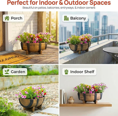 Gardenised 2-Piece Rectangular Half Barrel Flower Pots Rustic Farmhouse Style Faux Wood Planter Containers for Indoor & Outdoor Use Perfect for Displaying Decorative Garden Florals Herbs & Succulents
