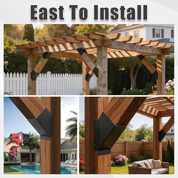 4 Pcs 6"x 6" (Actual Fit:5.6''x 5.6'') 45°Angle Support Brackets| | Heavy Duty Carbon Steel Metal Corner Braces for Pergola|Deck|Railing and Wood Beam Support