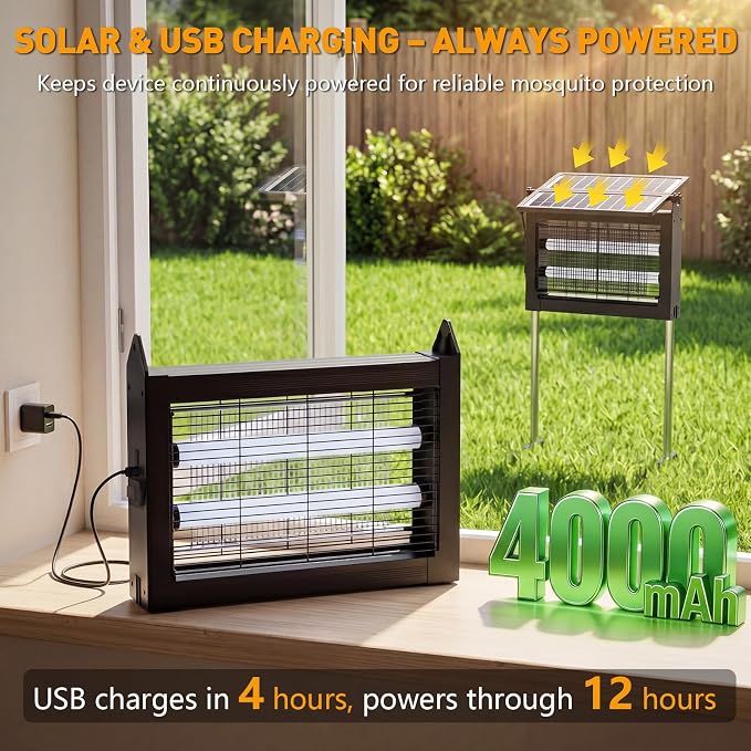 Solar Bug Zapper Outdoor, 4500V Solar Mosquito Zapper with Dual Solar Panels, 1/2 Acre Coverage Cordless Rechargeable Electric Fly Zapper, IPX5 Waterproof Mosquito Traps for Backyard, Patio, Camping