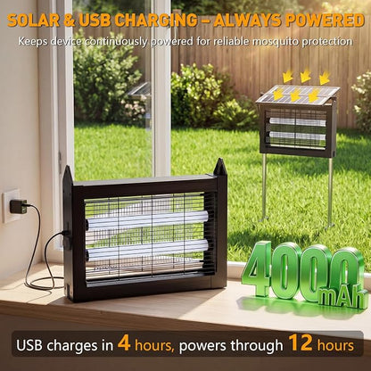 Solar Bug Zapper Outdoor, 4500V Solar Mosquito Zapper with Dual Solar Panels, 1/2 Acre Coverage Cordless Rechargeable Electric Fly Zapper, IPX5 Waterproof Mosquito Traps for Backyard, Patio, Camping