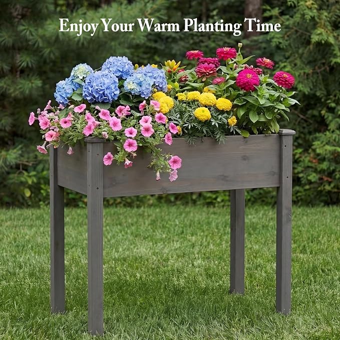 DUMOS Raised Garden Bed 34x18x30 Inch, Outdoor Planter Box with Legs, Elevated Wood Garden Bed with Liner for Herbs Flowers Vegetables, Wooden Planter Box for Patio, Balcony, Backyard, Grey