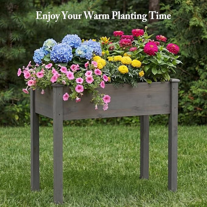 DUMOS Raised Garden Bed 34x18x30 Inch, Outdoor Planter Box with Legs, Elevated Wood Garden Bed with Liner for Herbs Flowers Vegetables, Wooden Planter Box for Patio, Balcony, Backyard, Grey
