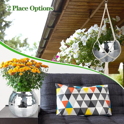 9” Silver Disco Ball Planter with Hanging Rope, Hanging Chain, Hook, Circle | for Decoration