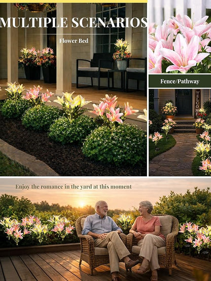 GIGALUMI Solar Garden Lights, 2 Pack LED Lily Garden Decor Carefree Solar Flowers Outdoor Waterproof, Yard Decorations Outdoor, Allergy-Free Light up Flowers for Yard Patio (1White,1Pink)
