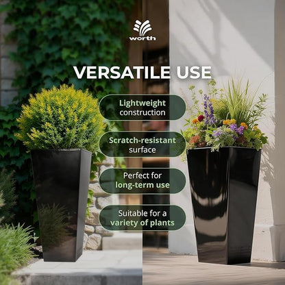 Worth 2 Pack 28" Tall Large Metal Planter, Tapered Steel Flower Pots with Insert Plate with Drain Holes & Air Vents for Indoor or Outdoor Use, Black