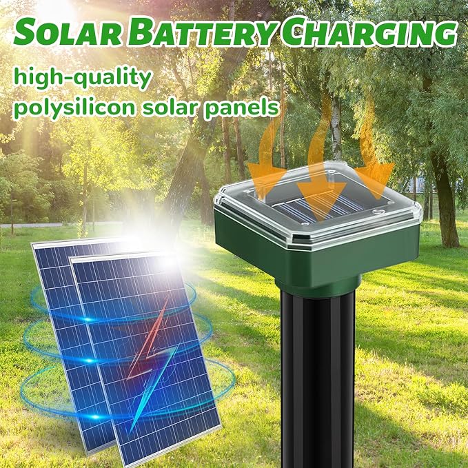Mole Repellent Solar Powered 10 Pack, Ultrasonic Gopher Deterrent for Garden & Lawn, IP44 Waterproof Vole & Snake Repeller Outdoor, Sonic Spike Pest Control for Getting Rid of Groundhog, Skunk, Rodent