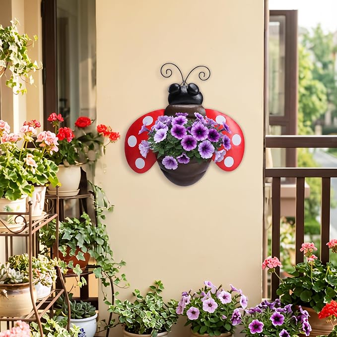 Ladybug Metal Wall Planter, Wall Mount Hanging Succulent Pot with Drainage | Cute farmhouse ladybug wall mount pot with drainage hole, garden decor for yard, indoor & outdoor succulent wall container.