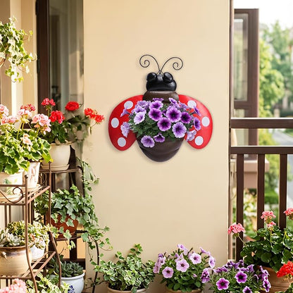 Ladybug Metal Wall Planter, Wall Mount Hanging Succulent Pot with Drainage | Cute farmhouse ladybug wall mount pot with drainage hole, garden decor for yard, indoor & outdoor succulent wall container.