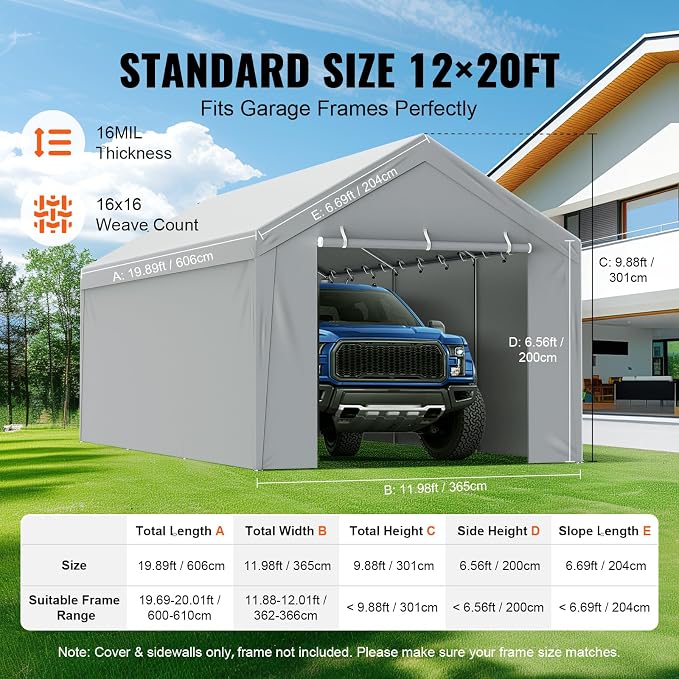 VEVOR Carport Replacement Canopy Cover Top + Side Wall 12 x 20 ft, Garage Tent Shelter Tarp Heavy-Duty Waterproof & UV Protected, Easy Installation with Ball Bungees,Grey (Frame Not Included)