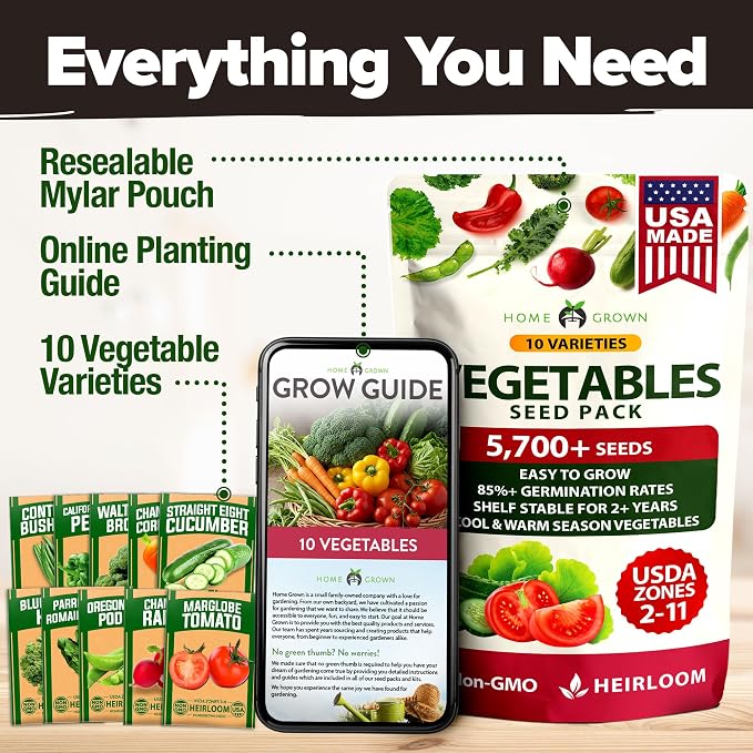 HOME GROWN 10 Variety Seed Vault 5,700+ USA Grown Heirloom Non-GMO Vegetable Seeds for Planting, High Germination, Garden Starter Kit, Emergency Food Supply, Indoor Outdoor