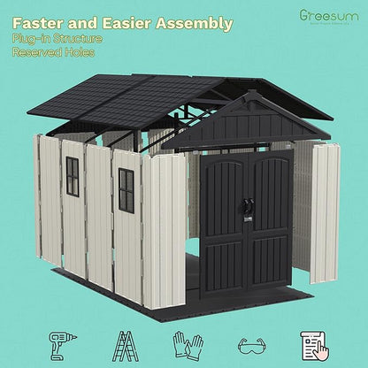 Greesum 8x10FT Plastic Outdoor Storage Shed with Floor, Resin Sheds with Window and Lockable Door, Easy Assembly, HDPE Kick-it Shed for Garden, Lawn, Backyard, Beige
