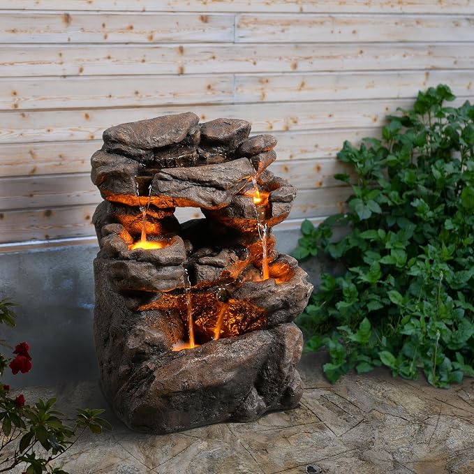 Outdoor Waterfall Fountain 20.5" Tiered with LED Lights, Natural Rock Design, Weatherproof Resin – Waterfall Fountain for Garden, Patio, Yard 24393