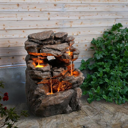 Outdoor Waterfall Fountain 20.5" Tiered with LED Lights, Natural Rock Design, Weatherproof Resin – Waterfall Fountain for Garden, Patio, Yard 24393