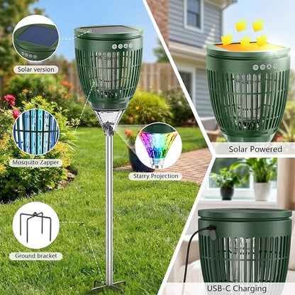 Solar Bug Zapper Outdoor Waterproof with Flame Effect Light, 10 Starry Ambient Light with Breathing Effect Height Adjustable with Ground Stake for Patio, Garden, Yard & Pathway (Green)