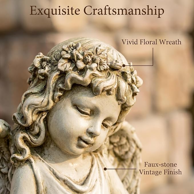 21" Tall Weathered White Angel Cherub Garden Statue, Resin Vintage Dress Sculpture Figurine, All Weather Indoor Outdoor Decor for Yard Lawn Patio Backyard Memorial