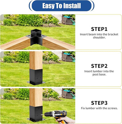 4 Pcs 4"x4" Pergola Brackets(Actual:3.6"x3.6") with 4 Pcs Post Base | 3 Way 90° Right Angle Corner Bracket|DIY Pergola Kit Support Patio Log Cabin Outdoor