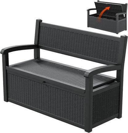 LHBcraft 70 Gallon Lockable Outdoor Storage Bench Waterproof, Deck Box Bench for Patio, Porch, Garden, Poolside, Stores Tools & Pool Supplies, Heavy-Duty Outdoor Bench with Storage, Black