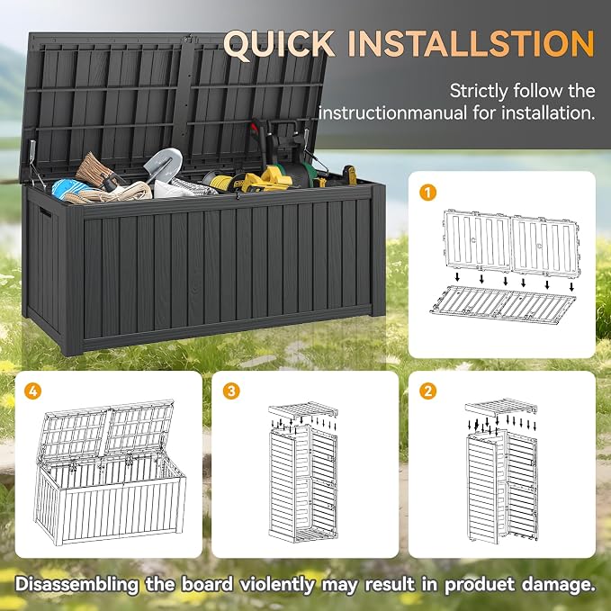 Outdoor Storage Box, 180 Gallon Resin Deck Boxes Outdoor Waterproof For Patio Furniture, Garden Tools, Pool Supplies, Lockable And UV Resistant (Striped Black)