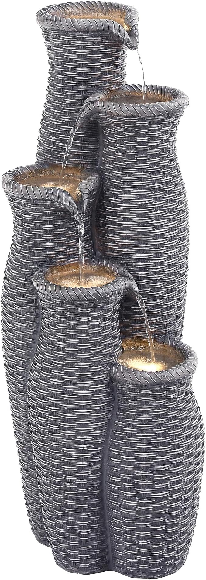 Autodaya 5-Tier Faux Rattan Outdoor Water Fountain & Waterfalls with Lights | Unique Natural Vase Water Feature With Cascading Soothing White Noise, Tranquil Oasis For Garden, Patio, Yard, Or Porch Decor