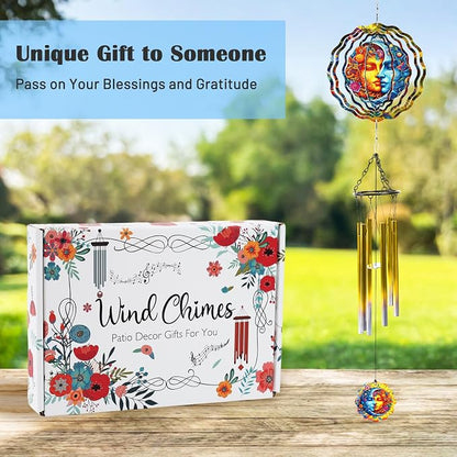 Celestial Sun Moon Wind Chime, Hanging Wind Spinner Gift for Women Mom, Stainless Steel Outdoor Garden Patio Porch Décor