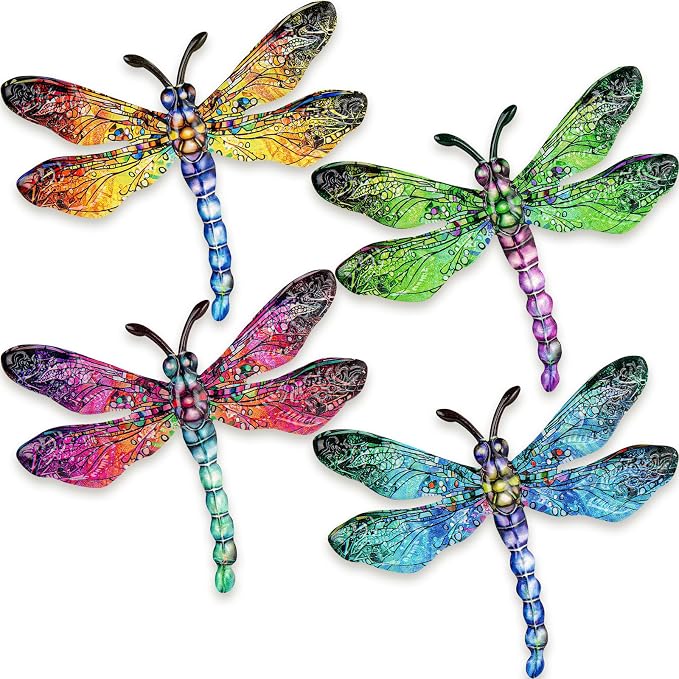 SUNREEK Metal Dragonfly Wall Decor - 9.6" Outdoor Fence Wall Art, Hanging Decorations for Garden Yard Patio Room Decorations, 4 Pack (Color-3)